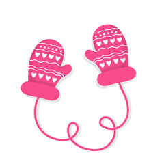 Pink knitted mittens in a flat style on a colored background.