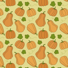 Yellow and orange pumpkins with green leaves. Harvesting. Pattern.