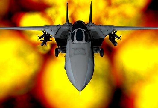 3d rendering of a jet fighter against the explosive background.