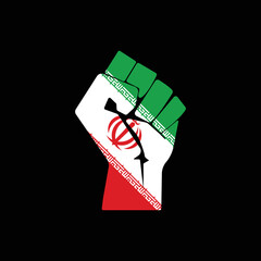 Fist with Iran flag icon isolated on black background. Raised fist symbol modern, simple, vector, icon for website design, mobile app, ui. Vector Illustration
