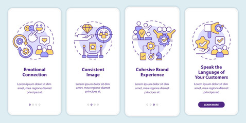 Ways to develop brand longevity onboarding mobile app screen. Business walkthrough 4 steps editable graphic instructions with linear concepts. UI, UX, GUI template. Myriad Pro-Bold, Regular fonts used