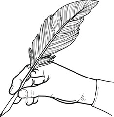 hand holding a bird feather pen for writing or drawing. Black on white background