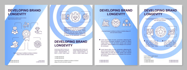 Developing brand longevity strategy blue gradient brochure template. Leaflet design with linear icons. 4 vector layouts for presentation, annual reports. Aria, Myriad Pro-Regular fonts used