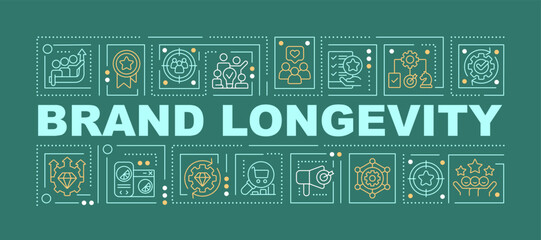 Brand longevity word concepts dark green banner. Marketing. Infographics with editable icons on color background. Isolated typography. Vector illustration with text. Arial-Black font used