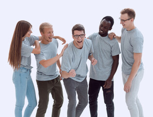 happy friends standing together . isolated on white