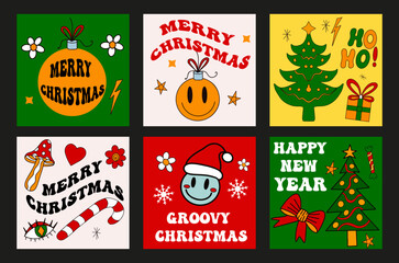 Groovy christmas cards in retro 70s style. Merry christmas and new year psychedelic hippie postcard posters