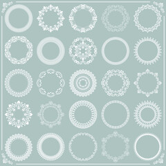 Vintage set of vector round elements. Different light blue and white elements for design frames, cards, menus, backgrounds and monograms. Classic patterns. Set of vintage patterns