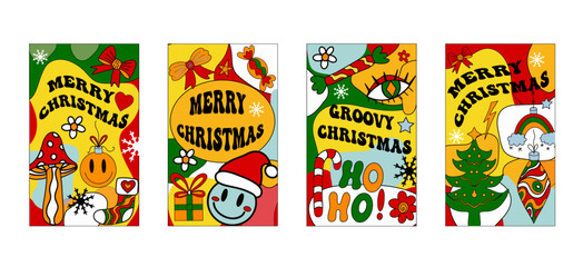 Groovy christmas cards in retro 70s style. Merry christmas and new year psychedelic hippie postcard posters