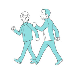 ジャージ姿でウォーキングを楽しむおじいさんとおばあさん