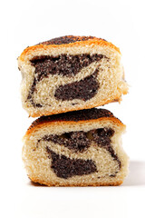 cut in half poppy seed roll on white background front view