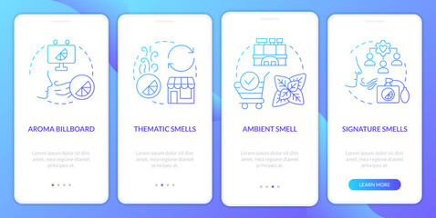 Fototapeta na wymiar Olfactory branding types blue gradient onboarding mobile app screen. Walkthrough 4 steps graphic instructions with linear concepts. UI, UX, GUI template. Myriad Pro-Bold, Regular fonts used