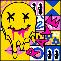 Poster with yellow smile face. Acid rave and techno party of 90s.