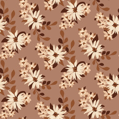 Seamless floral pattern, delicate ditsy print in natural colors. Abstract botanical arrangement with small hand drawn flowers, leaves in bouquets on a light background. Vector illustration.