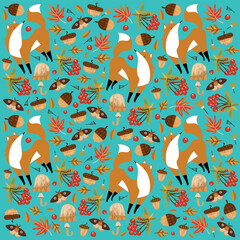 Autumn pattern with foxes, leaves, acorns, moths on a turquoise background. Vector illustration. Background for fabric, wallpaper, design. Children's illustration.