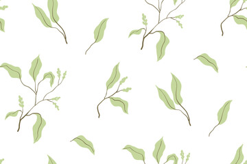 Seamless pattern, floral print with hand drawn branches in an abstract arrangement on a white background. Botanical design of branches with small tassels of flowers, green leaves. Vector illustration.
