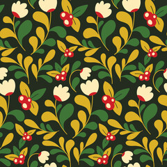 Seamless floral pattern, cute ditsy print with small plants in slavic folk style. Decorative art botanical design with hand drawn meadow, flowers, leaves on green background. Vector illustration.