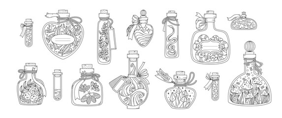 Set of hand drawn bottles with magic potion in fantasy style on white background. Doodle vector illustration of vials, jars, flasks with scary occult objects like mushrooms, bones, snake, crystals.
