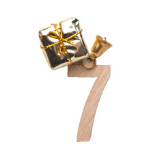 Wooden number Seven, Seventh December, Advent calendar, wooden number on a transparent background