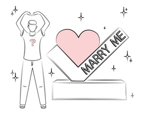 Marry me. Young man in love, folding his hands in form of a heart, proposes marriage. Design for print, postcard, poster, party invitation. Sketch, editable linear contour drawing in minimalist style