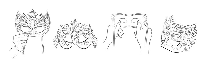 Hand drawn Venetian carnival masks collection in line art style. Vintage party masks in black and white. Masquerade mask for festive invitations, banners, greeting cards, coloring books. Sketch