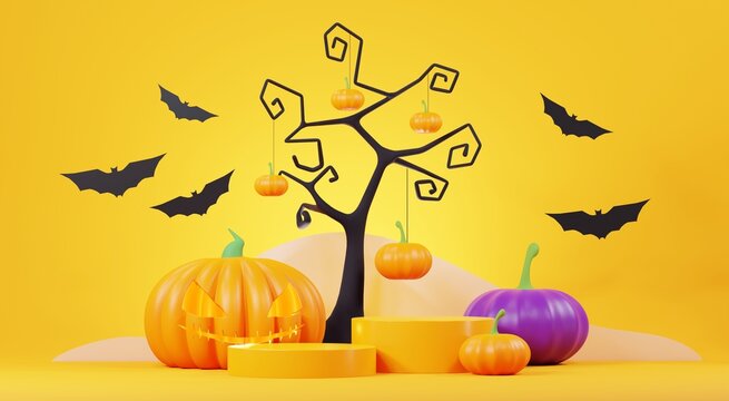 3d Render, Happy Halloween Day background with Podium stand product and night scene and cute spooky design. Halloween pumpkins, skull, ghost and spider decorations on dark orange background.