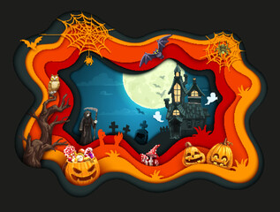 Halloween holiday papercut landscape with death Grim reaper, cemetery graves crosses and stones, flying at full moon bats, horror house with ghosts, Halloween pumpkins and candies, cobweb, owl on tree