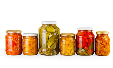 Home Canning Jars of Summer Harvest Vegetable on White Backgroun - obrazy, fototapety, plakaty