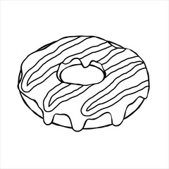 Donut with glaze. Sweet sugar dessert with icing. Outline cartoon illustration