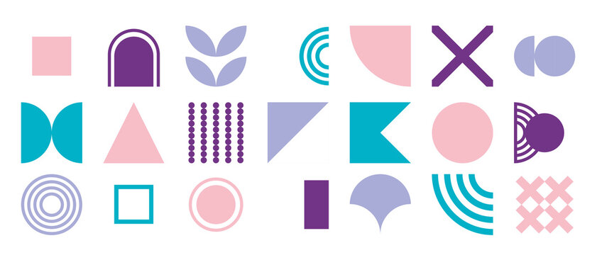 Modern geometric forms. Minimal basic abstract shapes swiss bauhaus style, primitive contemporary dynamic blocks. Brutalism basic forms, lines, eye, circles and patterns, art vector set