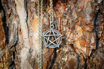 Pentagram necklace on a tree bark background