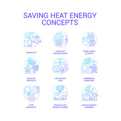 Consuming heat energy less blue gradient concept icons set. Save electricity. Prepare house for winter idea thin line color illustrations. Isolated symbols. Roboto-Medium, Myriad Pro-Bold fonts used