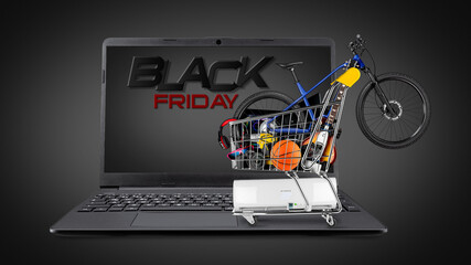 Black friday online shopping concept. Full shop cart filled with many goods like bicycle music...