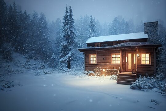 Illustration of a winter cozy chalet cabin