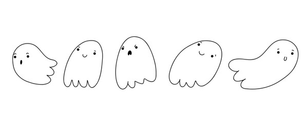 Halloween cute ghost house in sketch style. Doodle little ghost. funny smiling samhain ghosts set, spirit and sweets on white background. trick or treat stock cartoon image.