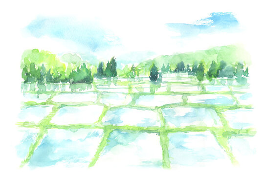 水彩で描いた里山の風景イラスト