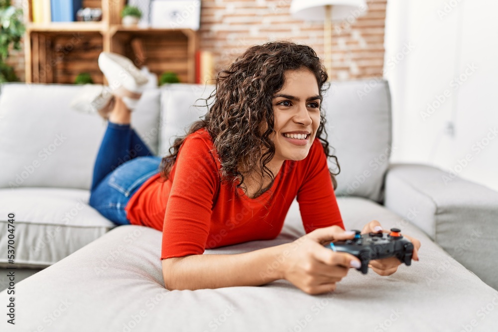 Canvas Prints young latin woman smiling confident playing video game at home - Canvas Prints