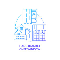 Hang blanket over window blue gradient concept icon. Winterized window. Reduce house heat loss. Draught proof abstract idea thin line illustration. Isolated outline drawing. Myriad Pro-Bold font used