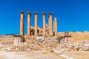 A view over the Temple of Artemis in the ancient Roman settlement of Gerasa in Jerash, Jordan in summertime
