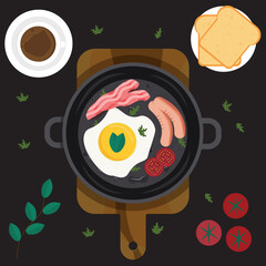 illustration of food on a black background. Fried eggs with bacon and sausages in a frying pan. vector image of food. Delicious breakfast