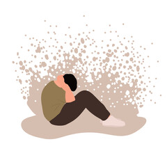 Man in depression, crying with ptsd, fears, phobias, grief. Cartoon flat vector illustration. Mental health support. Concept of psychological problems and health.