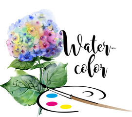 Watercolor flower and paint palette on a white background with a brush