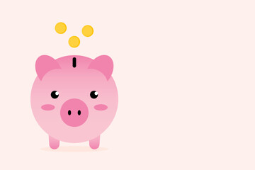 Vector illustration, card template with cute pink piggy bank front and golden coins. Money, savings, earnings design. Copy space.
