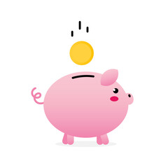 Cute pink piggy bank with golden coin. Vector cartoon style illustration for savings, economy, money design.
