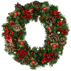 Fototapeta na wymiar Christmas decorative wreath of holly, mistletoe and cones