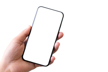 Hand holding smartphone with blank screen isolated on transparency background with clipping path. ideas design business concept.