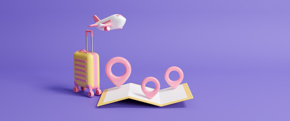 Airplane travel tourism plane trip planning world tour luggage with pin location suitcase and map, GPS navigator pin checking points. summer holiday, business travel, holiday planning. 3d rendering