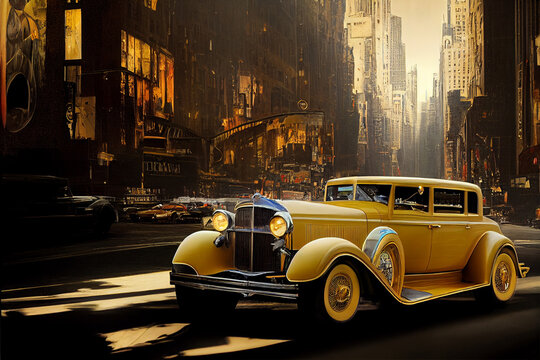 Concept art illustration of yellow retro car on the streets of new york city