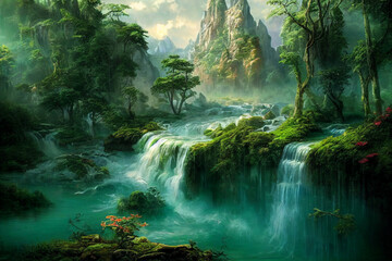 Illustration of beautiful fantasy river in lush jungle with waterfalls