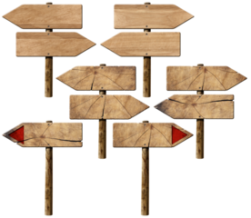 Collection of wooden directional signs with poles and arrows, isolated on white or transparent background, png.