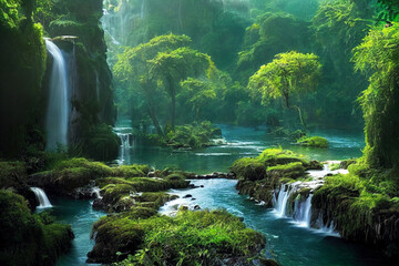 Illustration of beautiful fantasy river landscape with waterfalls - obrazy, fototapety, plakaty